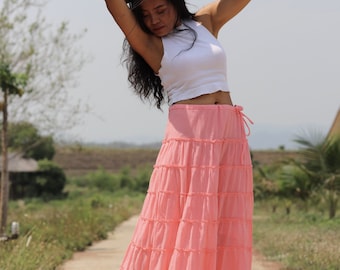 Pink Cotton Maxi Skirt, Tiered Boho Style