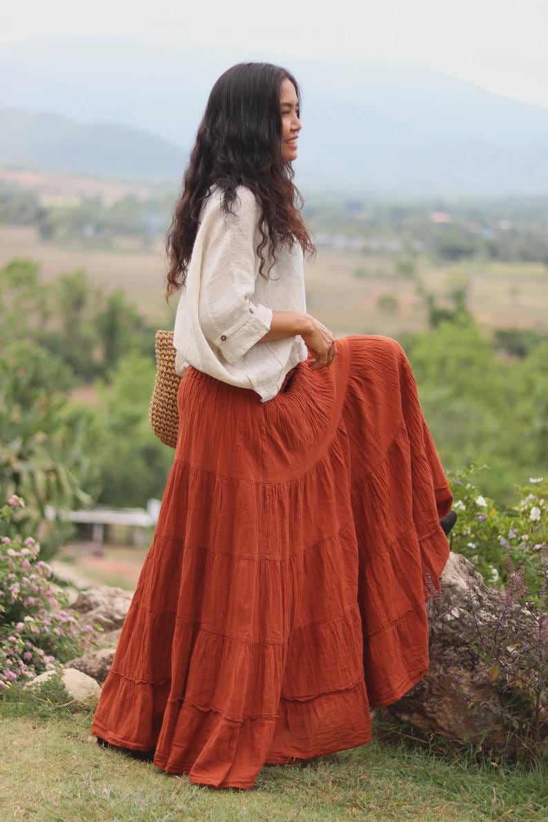 Boho Skirt / Maxi / Long / Modest / Full Length/ Colour Natural Cotton/ Boho / Tiered /Floaty Burnt Orange