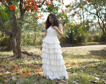 Boho Maxi Dress/ Wedding / Gown/ Crochet Trim/ Off-White / Natural Cotton /Tiered/Bridal