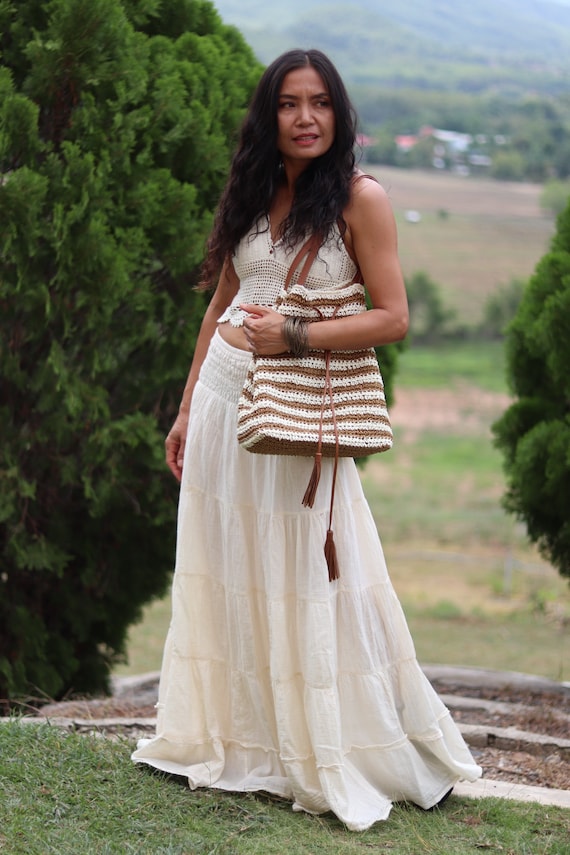 Boho Skirt / Maxi / Long  / Modest / Full Length/ Colour Natural Cotton/ Boho / Tiered /Floaty