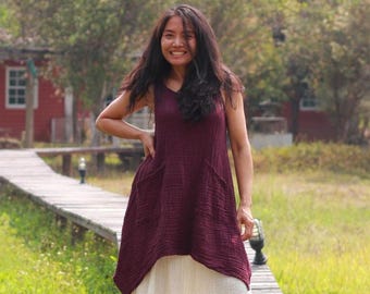 Oversized Cotton Sleeveless Dress: Deep Purple Boho Tunic