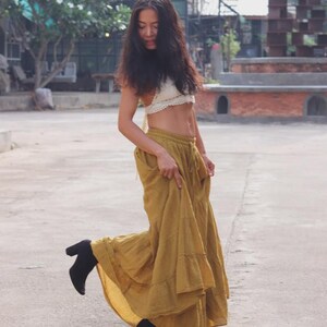 Maxirock aus natürlicher Baumwolle, 5-stufiger Boho-Rock Mustard Yellow