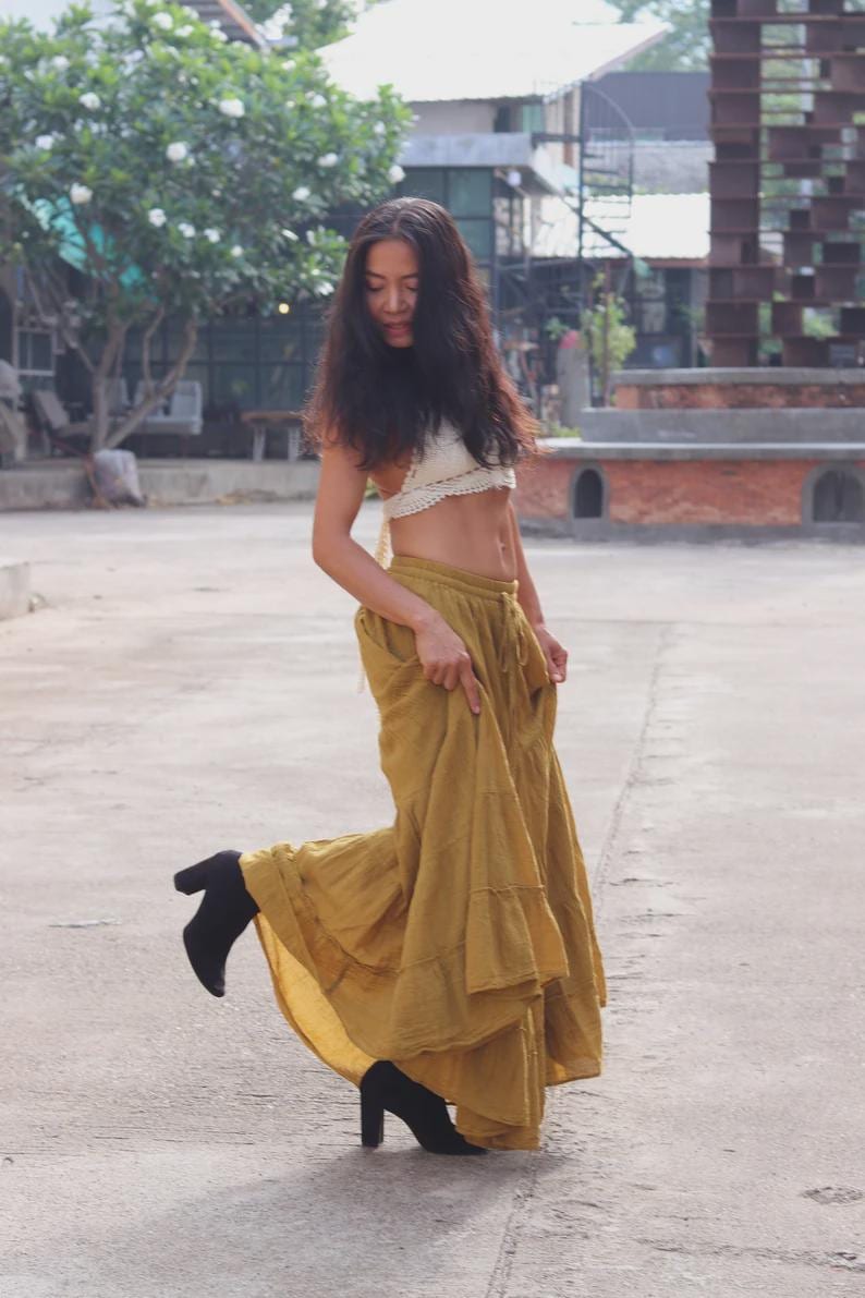 Maxirock aus natürlicher Baumwolle, 5-stufiger Boho-Rock Mustard Yellow