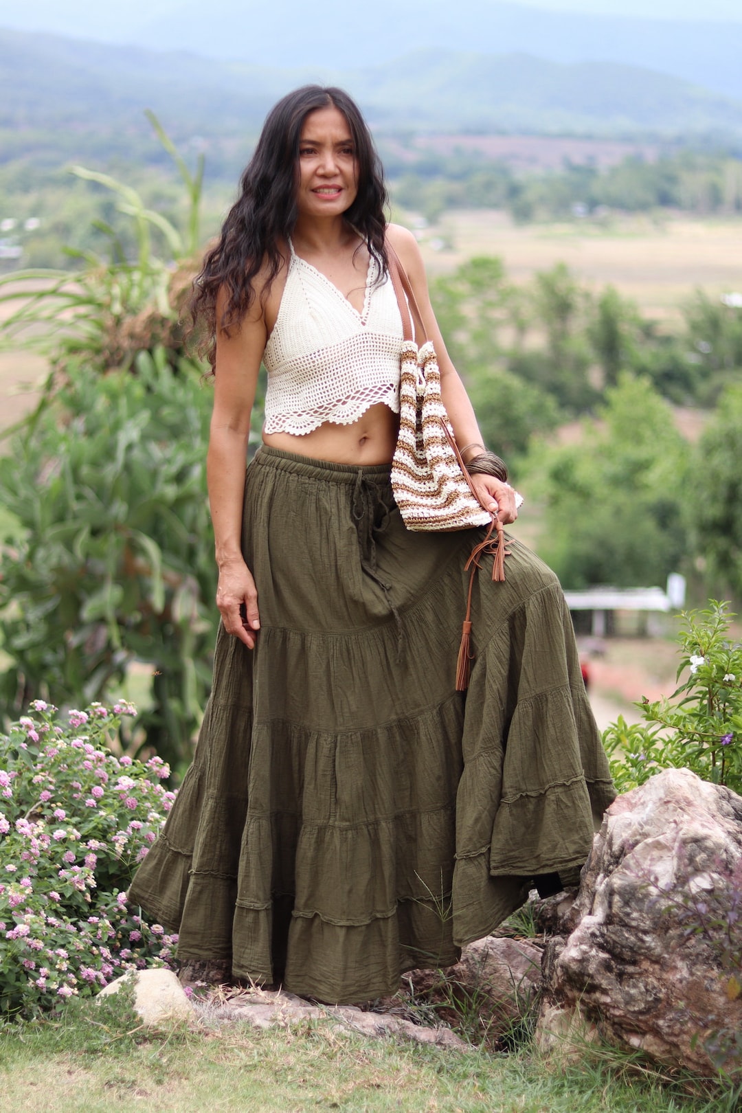【Anyone more】Agu nylon slit long skirt Long Skirt / Long Boho Skirt / Maxi Skirt / Full Length