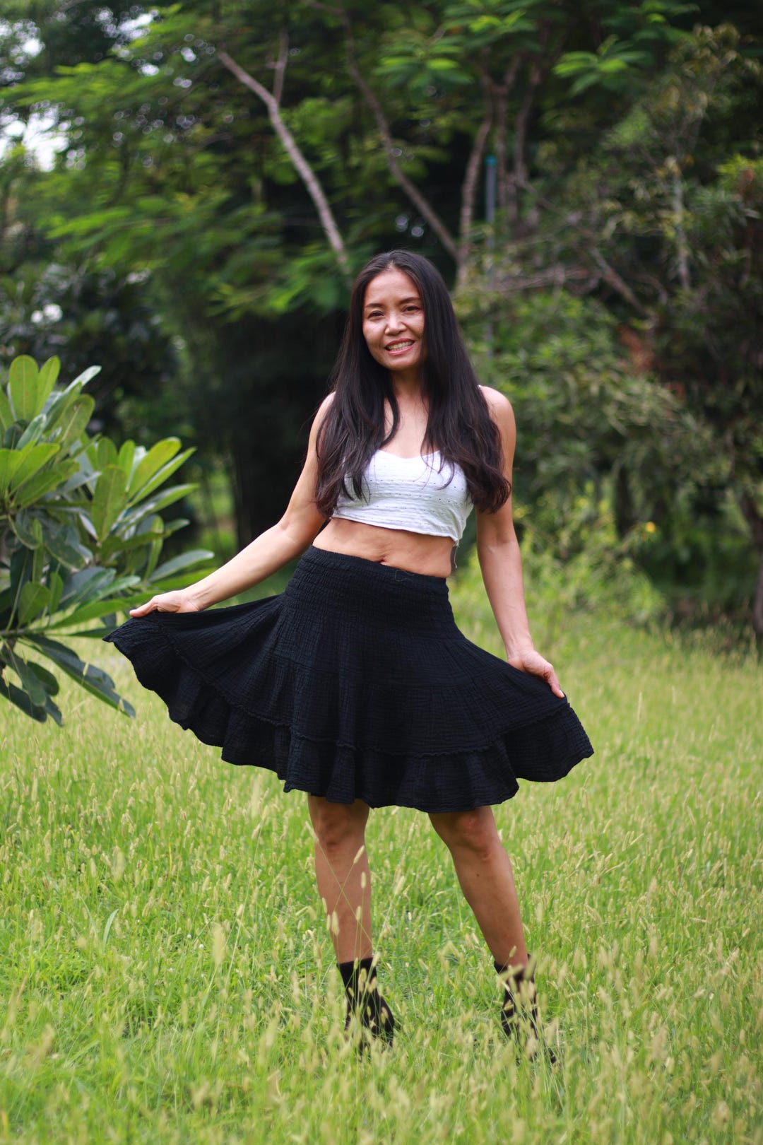 ブラックコットンガーゼミニスカート：ボヘミアンフェスティバル