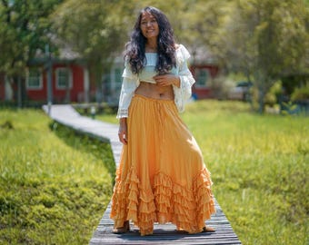 Peachy Orange Ruffle Maxi Skirt/ Cotton Boho Wedding Gypsy/ Tiered /Ruffles/ Modest