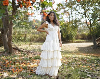 Boho Maxi Dress/ Wedding / Gown/ Crochet Trim/ Off-White / Natural Cotton /Tiered/Bridal