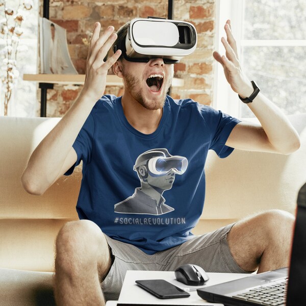 Virtual Reality Social Revolution Tshirt, Technology VR Glasses Crew Neck T-Shirt, Futuristic Tech Graphic Tee Shirt, Unisex Short Sleeve