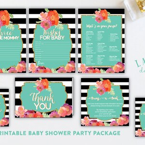 Druckbare Baby-Dusche-Spiele, Baby-Dusche-Party-Paket, Ratschläge für die Mama, Wünsche für Baby, Was ist in Ihrem Geldbeutelspiel, Dankeskarte