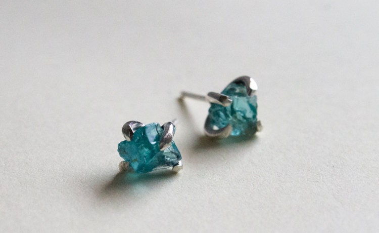 Raw blue Apatite earrings rough gemstone earrings Aqua studs | Etsy