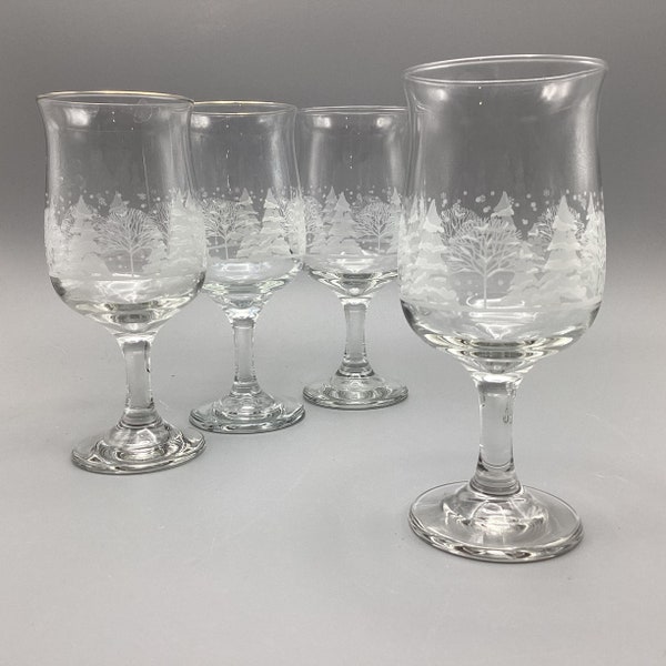 1980's Collectible Arbys  ‘Pines’ Winter Wonderland Etched Trees Water Glasses Set of 4 * Stemware