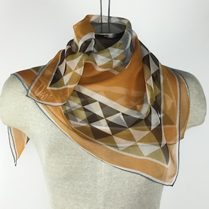Vintage Vera Silk Scarf * Sheer Orange Brown Blue-Gray Geometric