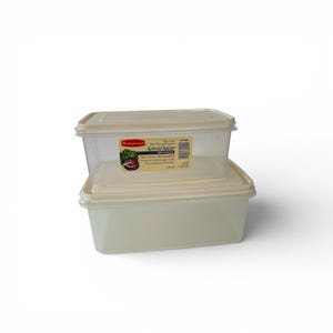 May include: Two rectangular food storage containers with lids. The top container is clear, and the bottom container is off-white. The top container has a label that reads "Servin' Saver". The containers are stacked on top of each other.