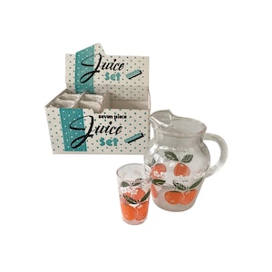 1950’s New In Box Anchor Hocking “Oranges” Juice Set * 6 Glasses and Pitcher
