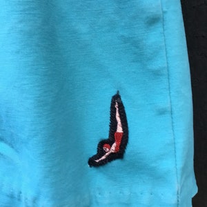 May include: A turquoise blue pair of shorts with a red, white, and black embroidered image of a diver on the right leg.