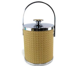 Vintage Ice Bucket * Faux Wicker * Chrome Accents