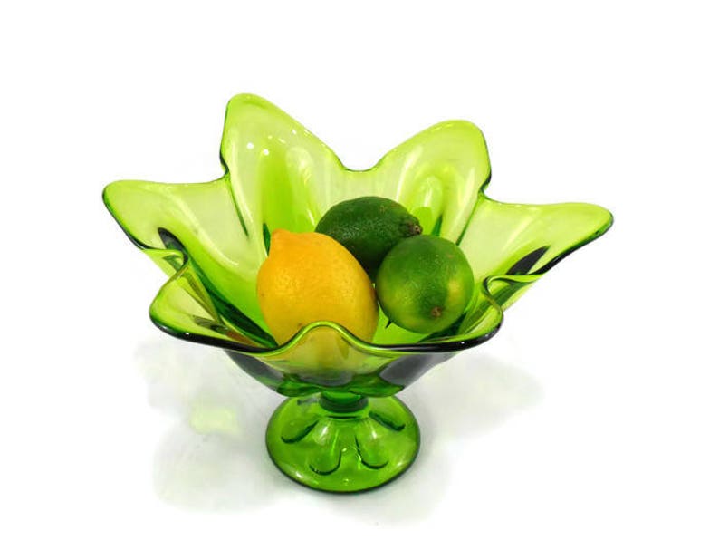 11 Inch Viking Epic Six Petal Lime Green Crimped Compote Footed Fruit Bowl