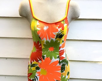 Vintage DeWeese Swim Suit * Mid Century Women's One Piece Orange Flower Swimming Suit