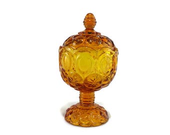 XL 12” Amber Moon and Star Glass Candy Dish