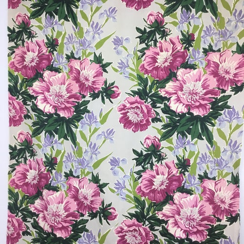 Vintage Barkcloth Fabric * Iris shops and Peony Floral