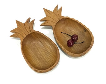 Hand Carved Teak Pineapple Bowls * Set of 2 * Serving Dish * Tidbit * Candy * Catch-All * Garnish