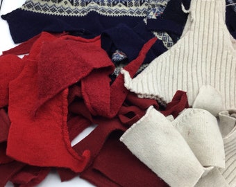 Red, White, Blue Mix Upcycled Felted Wool Sweater Scraps for Crafts