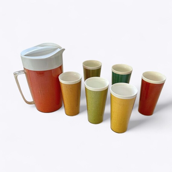 Vintage Raffia Ware Beverage Set * Covered Pitcher and 6 Tumblers