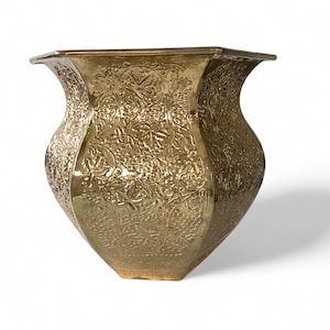 May include: A gold hexagonal planter with an intricate floral design. The planter is made of metal and has a wide, open top.