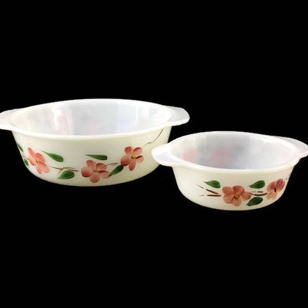 Vintage Fire King Casseroles * Hand Painted Gay Fad Pink Peach Blossom * Milk Glass