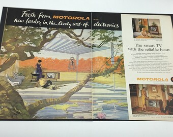VERY RARE 1961 MOTOROLA TV CHARLES SCHRIDDE ART Vintage Color 2pg AD 20 x 14