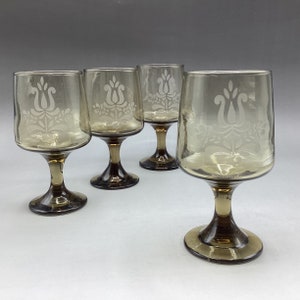 Vintage Pfaltzgraff “Village”  Etched Smoke Brown Stemware * Goblet Set of 4