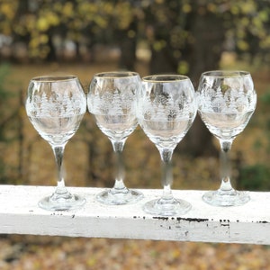 1980's Collectible Arbys “Pines” * Winter Wonderland Etched Trees Wine Glasses Set of 4 * Stemware