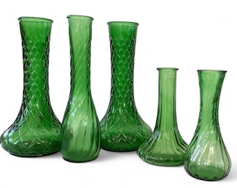 Vintage Emerald Green Glass Floral Bud Vase Collection * Set of 5