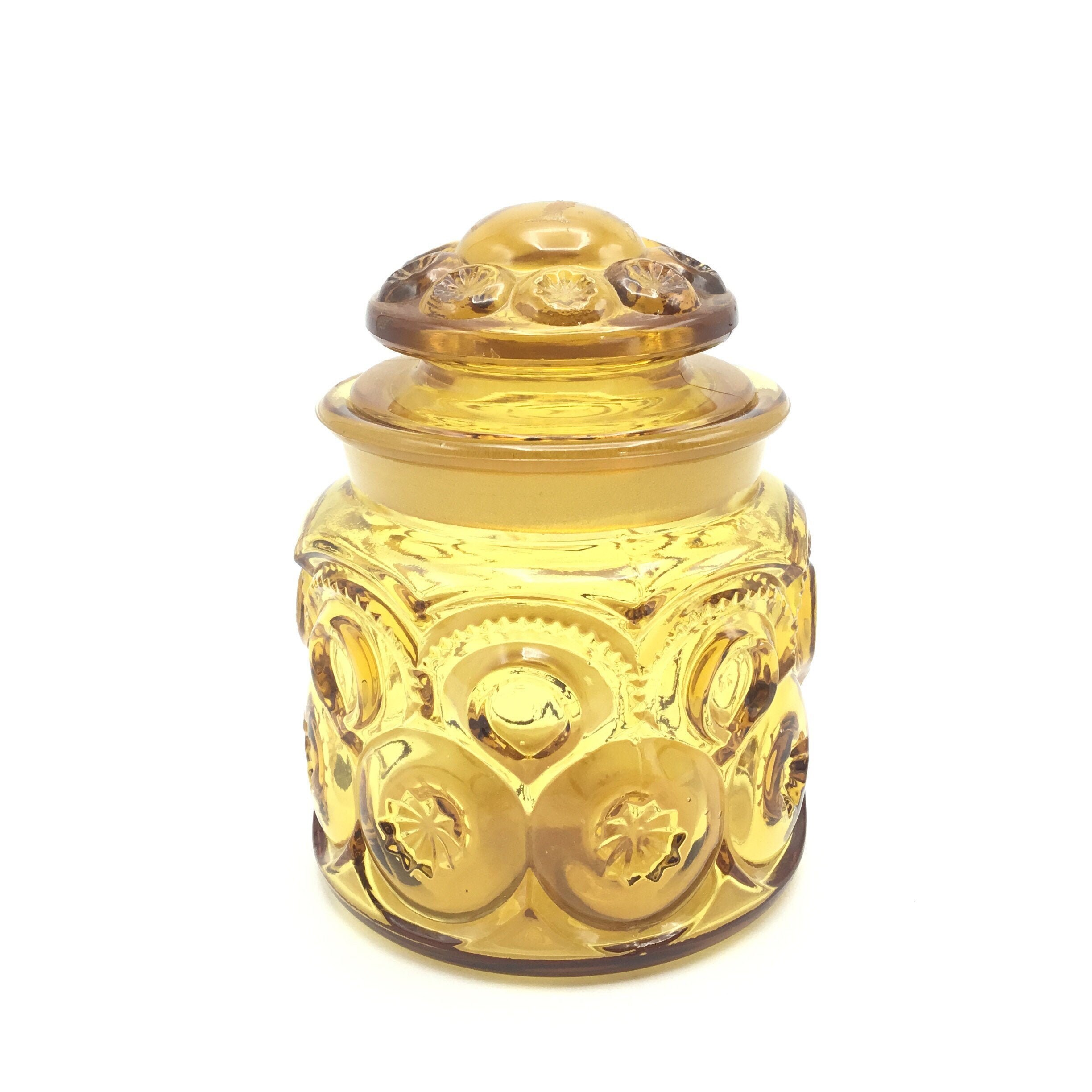 Small LE Smith Honey Amber Moon and Stars Canister With Ground