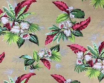 Vintage Tropical Barkcloth * Red & Pink Orchid Floral with Green Foliage * Cotton Drapery Yardage * Upholstery Fabric