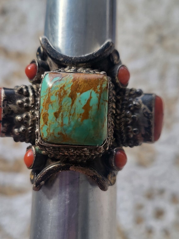 turquoise red coral tibetan ring