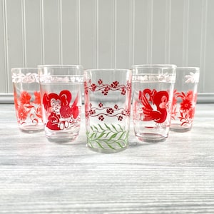 Set of 5 Vintage Red Swanky Swig Juice Glasses - Animals Flowers Elephant Bird