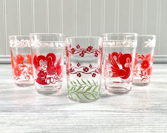 Set of 5 Vintage Red Swanky Swig Juice Glasses - Animals Flowers Elephant Bird