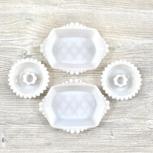 Vintage 4 Piece White Milk Glass Lot - Sunflower Candle Holders and Pair of Small Dishes
