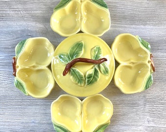 Vintage Pear Serving Bowl and 4 Plates - Belmar of California 320 Yellow Ceramic Dishes