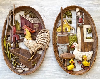 Pair of Large Oval Homco Burwood Farm Scene Plaques - Home Interiors 1974 Retro Wall Art Hanging Vintage Duck and Rooster