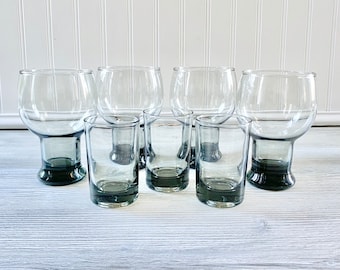 Vintage Set of 7 Smokey Gray Bar Drinking Glasses - Libbey Pedestal Stax Goblets and Bourbon Cocktail MCM Barware