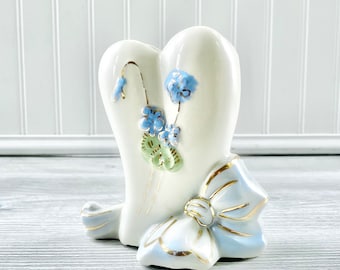 Vintage White Ceramic Heart Planter - Blue Bow with Gold Metallic Accents Pottery Royal Copley