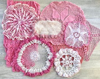 Vintage Crocheted Pink Doily Lot - Set of 9 Handmade Lace Crochet Collection with Runner