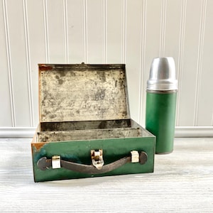 Vintage Green Metal Lunchbox with Insulated Glass Thermos and Cork Leather Handle