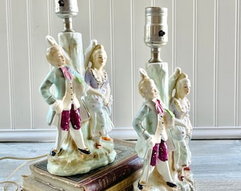 Vintage Victorian Couple Ceramic Lamp Pair - Colonial Man and Woman English Cottage Lighting