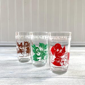 Set of 3 Vintage Children's Swanky Swig Animal Juice Glasses - Rabbit Cat Deer Elephant Bird Squirrel