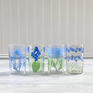 Set of 4 Vintage Swanky Swig Juice Glasses - Blue Flowers Forget Me Not Cornflower