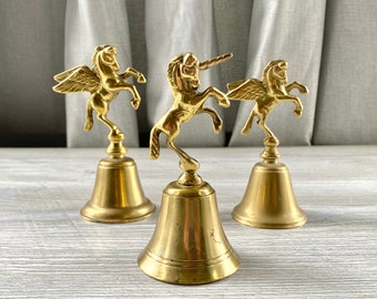 Vintage Brass Unicorn and Pegasus Bells - Set of 3 Metal Fantasy Mythical Decor