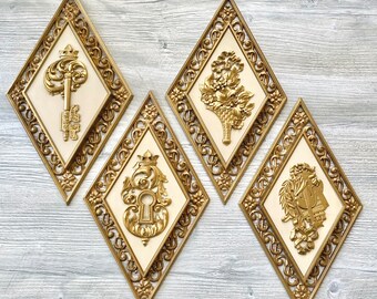 Vintage Diamond Shape Wall Art Plaques - Midcentury Gold Resin by Dart Industries Hollywood Regency Decor